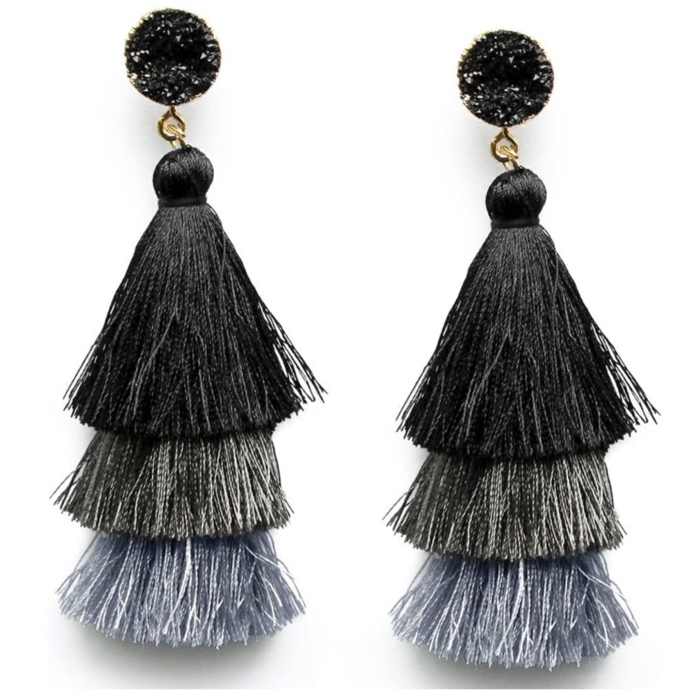 14K Yellow Gold with Black Gray Ombre Silk Thread Tassel Quartz Druzy Earrings